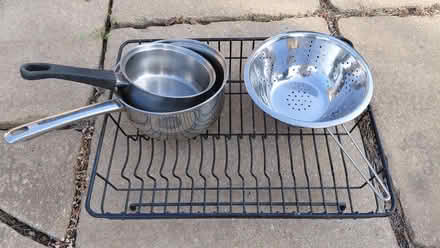 Photo of free 2 saucepans, a strainer, a draining rack (Tuddenham St Martin IP6) #1