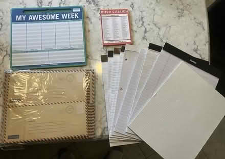 Photo of free writing pads, graph paper, airmail envelopes and paper, weekly planner pad and note pad [20886] #1