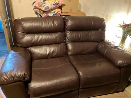 Photo of free Brown leather reclying sofa (Sainsburys GL52) #1