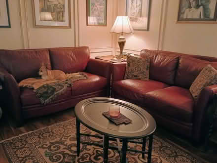 Photo of free 2 wine-colored leather love seats (Southridge) #1