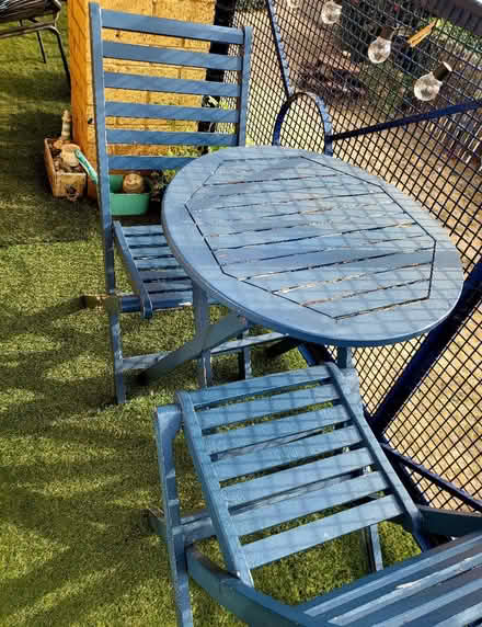 Photo of free Painted Blue Bistro Table & Chairs (Grays) #1