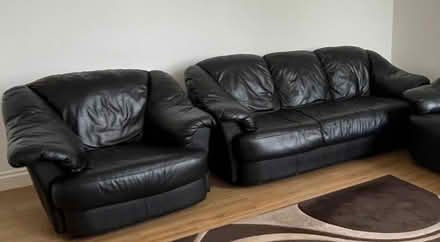 Photo of free 3 3 seater black leather sofa and 1 seater black armchair (Stalybridge SK15) #1