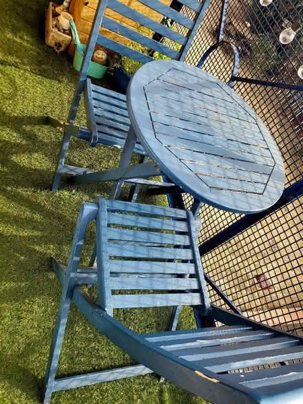 Photo of free Painted Blue Bistro Table & Chairs (Grays) #2