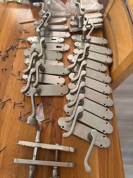 Photo of free 14 sets of brushed steel door handles with backplates (Kimpton SG4) #1