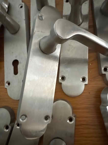 Photo of free 14 sets of brushed steel door handles with backplates (Kimpton SG4) #2