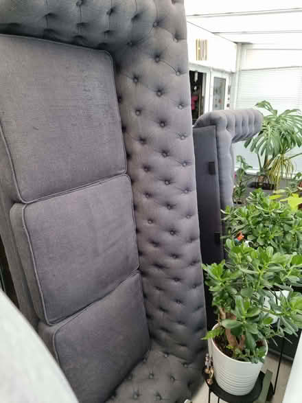 Photo of free 2 and 3 seater fabric Chesterfield sofas in charcoal grey. (Rugeley WS15) #2