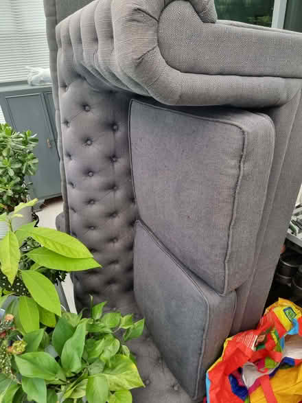 Photo of free 2 and 3 seater fabric Chesterfield sofas in charcoal grey. (Rugeley WS15) #1