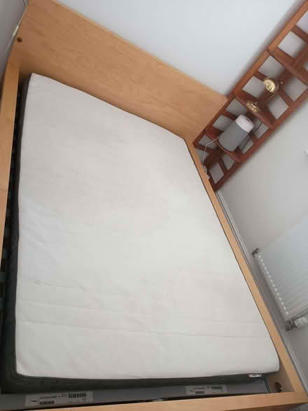 Photo of free Double bed - wooden IKEA bedframe and mattress (Marple SK6) #1