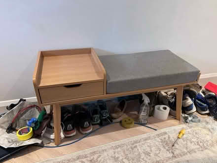 Photo of free Veneer wood bench with grey cushion (Horsham RH13) #1