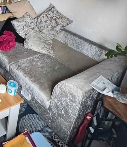 Photo of free Grey crushed velvet two seater sofa (Cradle End CM23) #2