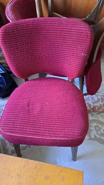 Photo of free 3 chairs. Wooden with red upholstery. A bit worn but sturdy. (Sherrard's Green WR14) #1