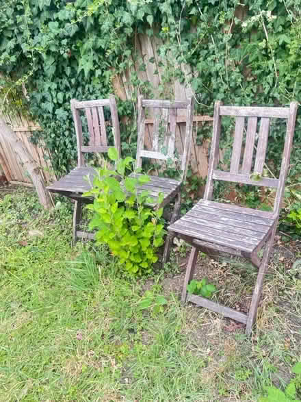 Photo of free Three Wooden Garden chairs (Bounds Green.) #2