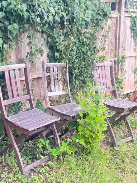 Photo of free Three Wooden Garden chairs (Bounds Green.) #3
