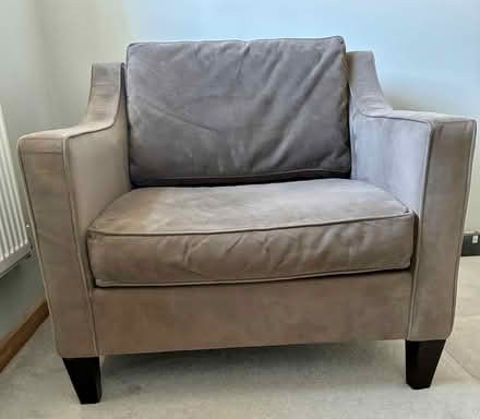 Photo of free Comfortable grey armchair with wooden legs. Big enough to c (Delabole PL33) #1