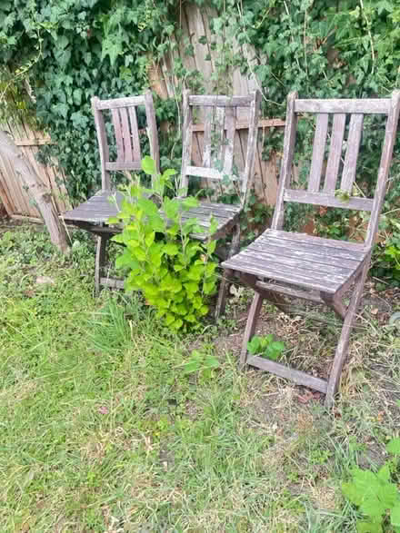 Photo of free Three Wooden Garden chairs (Bounds Green.) #1