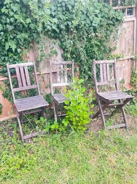 Photo of free Three Wooden Garden chairs (Bounds Green.) #4