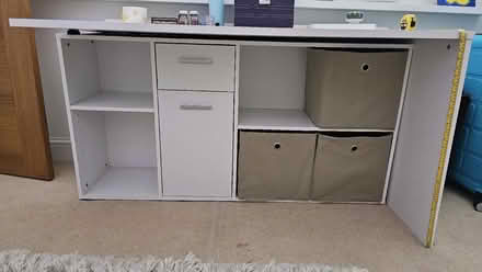 Photo of free Desk White laminate wooden desk with flexible under-shelving (Townsend AL3) #1