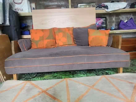 Photo of free Orange and grey wooden sofa (South Lambeth SW8) #1