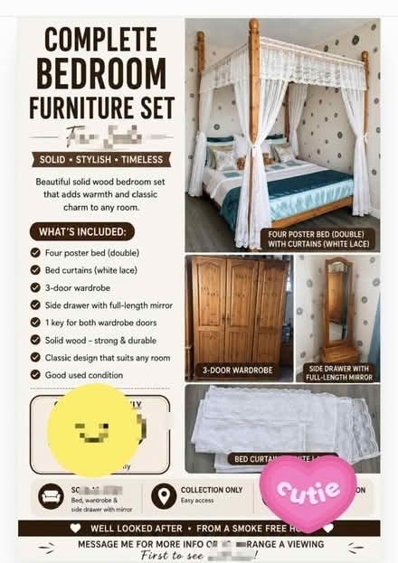 Photo of free Stunning Solid Wood Double Four-Poster Bed with White Lace C (Fernhill G73) #1