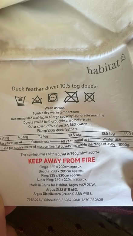 Photo of free Barely used Habitat duck feather duvet (Lyneham OX7) #1