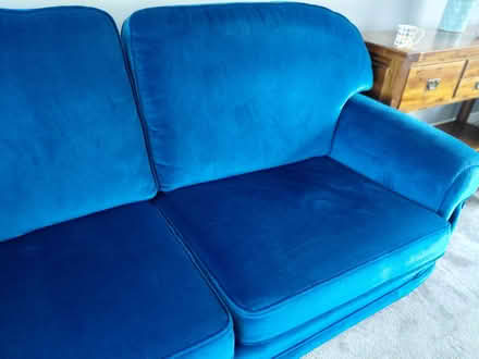 Photo of free Blue Velour 3 Seater Sofa (Glengormley BT36 7SP) #1