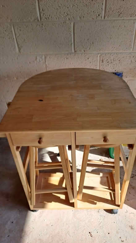 Photo of free Kitchen table set. 2 stools, 2 drawers, drop leaf. (Sherrard's Green WR14) #1