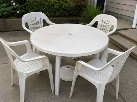 Photo of free Patio table, chairs, umbrella stand (Gig Harbor) #1