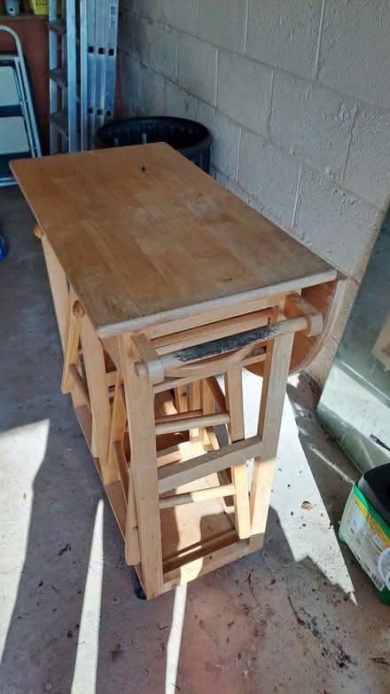 Photo of free Kitchen table set. 2 stools, 2 drawers, drop leaf. (Sherrard's Green WR14) #2