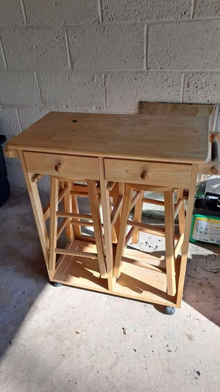 Photo of free Kitchen table set. 2 stools, 2 drawers, drop leaf. (Sherrard's Green WR14) #3