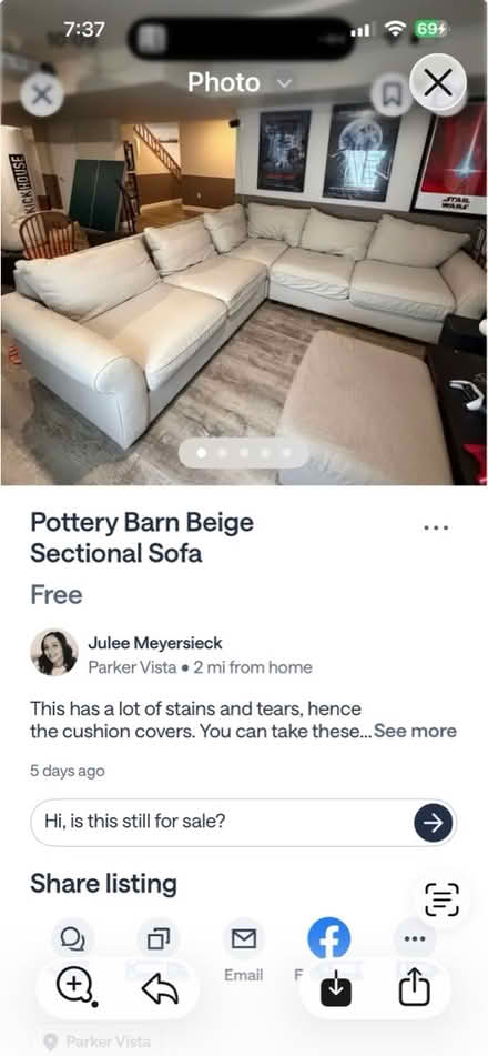 Photo of free Large Pottery Barn Sectional Couch (Aurora, co) #1