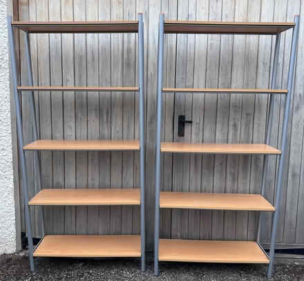 Photo of free Pair of Modern Light Oak & Silver Metal Shelving Units (Helton CA10) #1