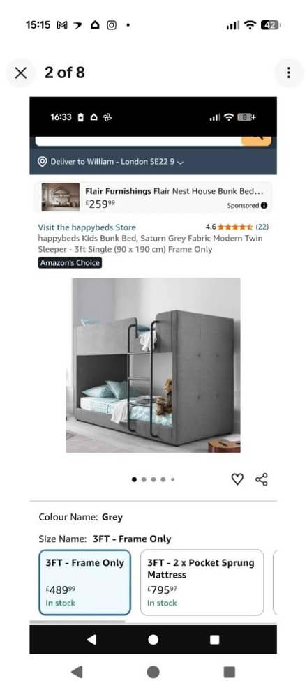 Photo of free A bunk bed grey fabric (East dulwich SE22) #2