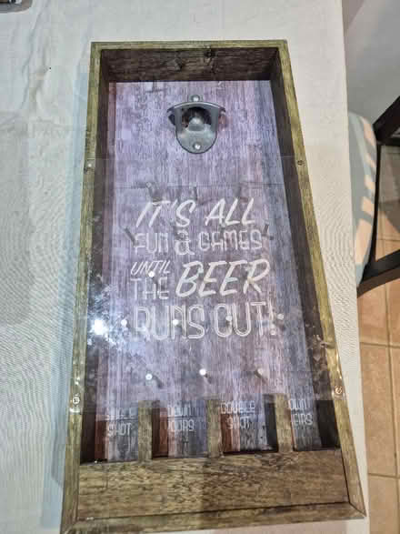 Photo of free wall-mounted wooden bottle opener and cap drop drinking game (Littlemore OX4) #1