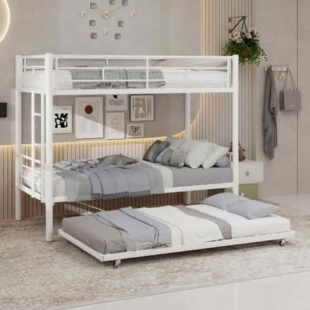 Photo of free White metal bunk bed with trundle bed with 3 mattresses (Shepherds Bush W12) #1