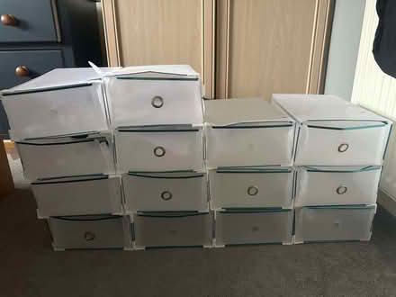 Photo of free 14 x clear plastic stacking shoe boxes (Boulton DE24) #1