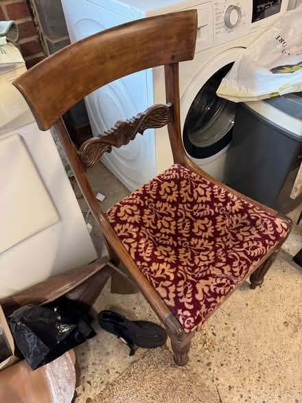Photo of free Dining Chair, hardwood, prob mahogany, with dodgy upholstery (Little Bookham KT23) #1