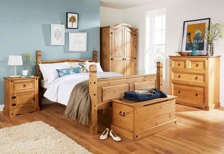 Photo of free Corona wood chunky double bed frame and 2 bedside cabinets (Whaley Bridge SK23) #1