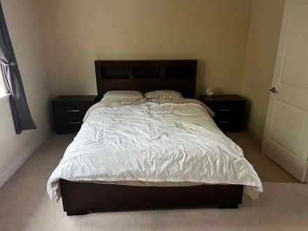 Photo of free Queen bedframe w nightstand drawers (Seven Seas Park) #1