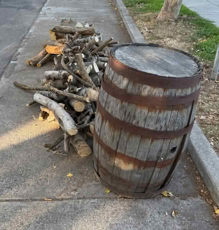Photo of free Full Wine/whiskey barrel & firewood (San Jose Rose Garden) #1