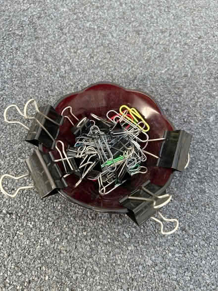 Photo of free Ruby glass bowl w binder clips (Walnut Creek) #1