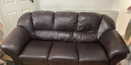 Photo of free 2 x chocolate brown 3 seater sofas and footstool (Hulme WA2) #1
