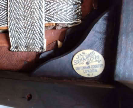 Photo of free Pair of vintage Jas. Shoolbred & Co wooden dining chairs (Tolworth KT6) #4
