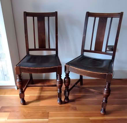 Photo of free Pair of vintage Jas. Shoolbred & Co wooden dining chairs (Tolworth KT6) #1