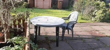 Photo of free Sturdy Grosfillex Garden table + 2 chairs (Loanhead EH20) #1