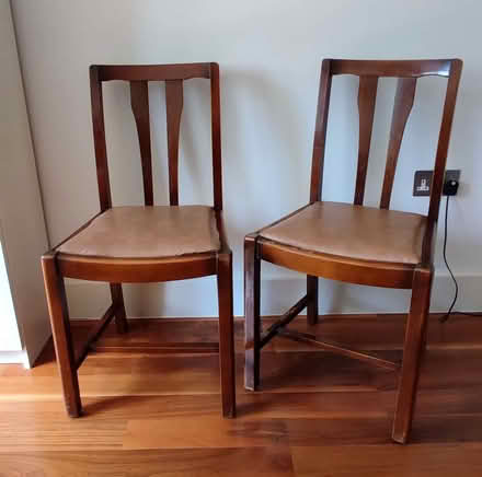 Photo of free Pair of Vintage Mid-Century Wooden Dining Chairs – Tan Vinyl (Tolworth KT6) #1
