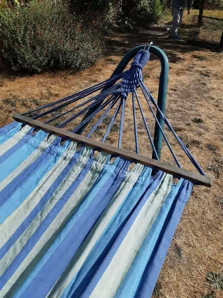 Photo of free Hammock, blue stripe full working order. Packs flat. (Old Woking GU22) #2