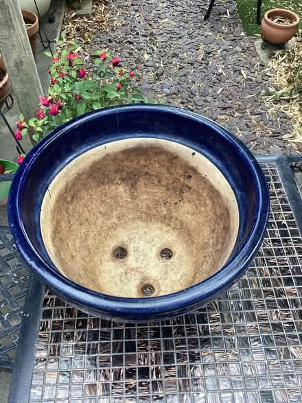 Photo of free Dark blue glazed garden pot with leaf design (Dartford DA1) #2
