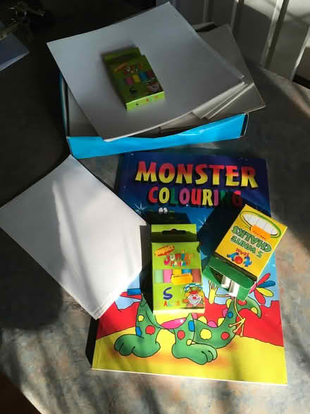Photo of free Box of assorted paper, chalks and colouring book (Hailsham BN27) #1