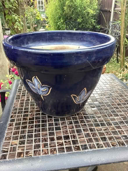 Photo of free Dark blue glazed garden pot with leaf design (Dartford DA1) #1