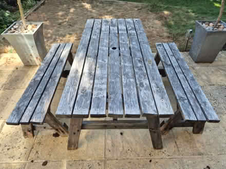 Photo of free Wooden Picnic Table with Benches (150 x 67 cm) (Purley on Thames RG8) #1